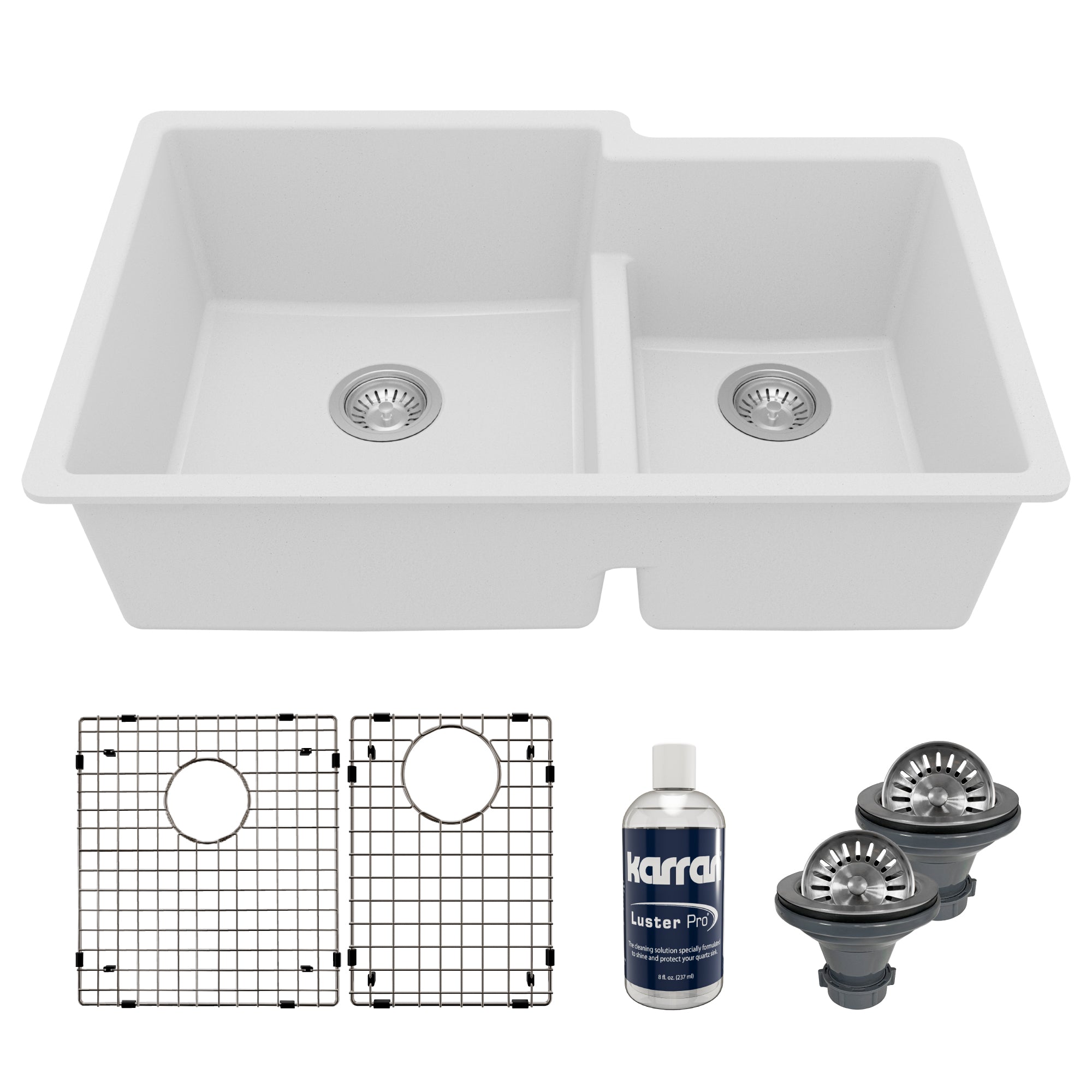 32" Undermount Double Offset Bowl Quartz Composite Kitchen Sink Kit In White