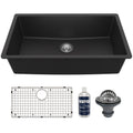 32-3/8" Undermount Large Single Bowl Quartz Composite Kitchen Sink Kit In Black