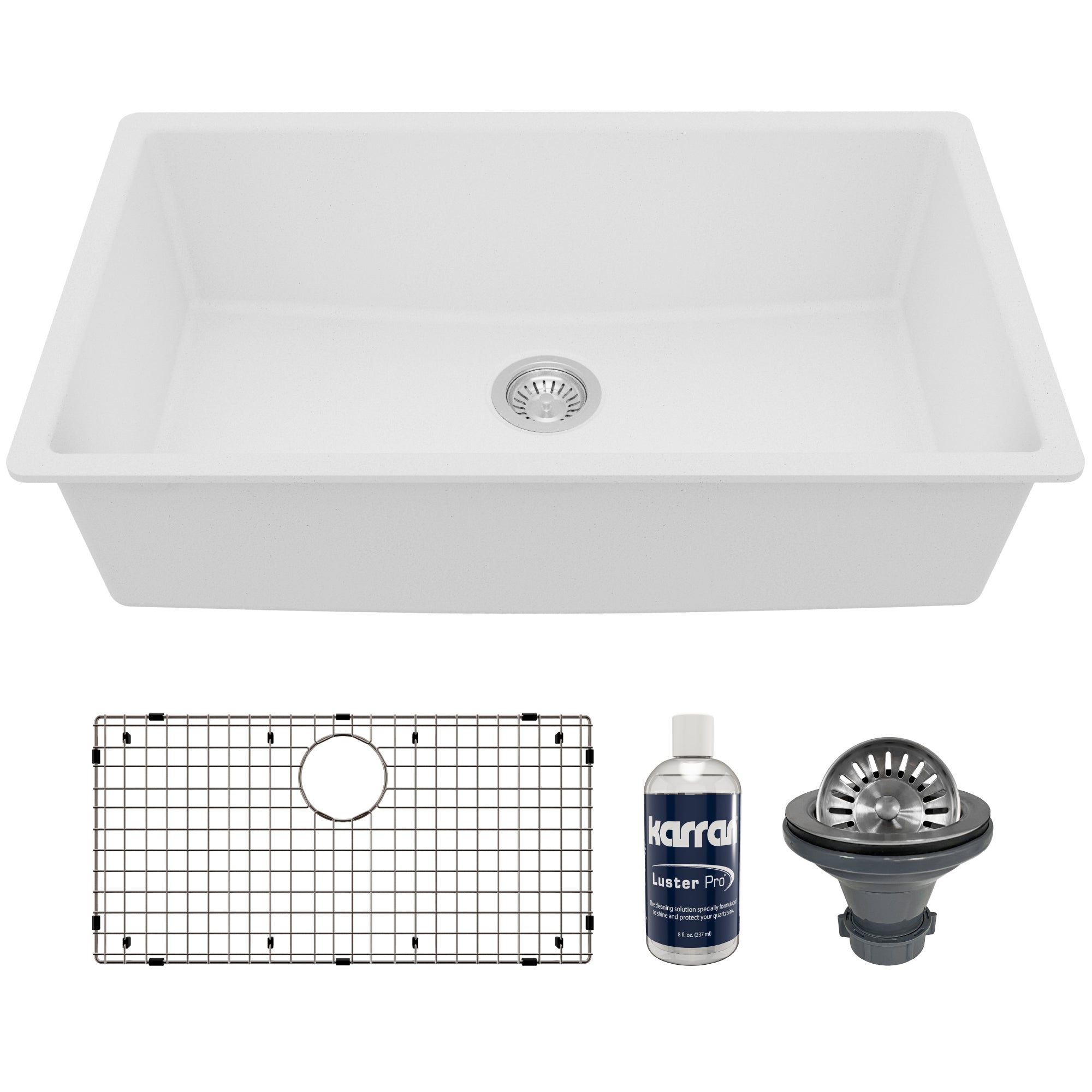 32-3/8" Undermount Large Single Bowl Quartz Composite Kitchen Sink Kit In White