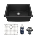 24-3/8" Undermount Single Bowl Quartz Composite Kitchen Sink Kit In Black