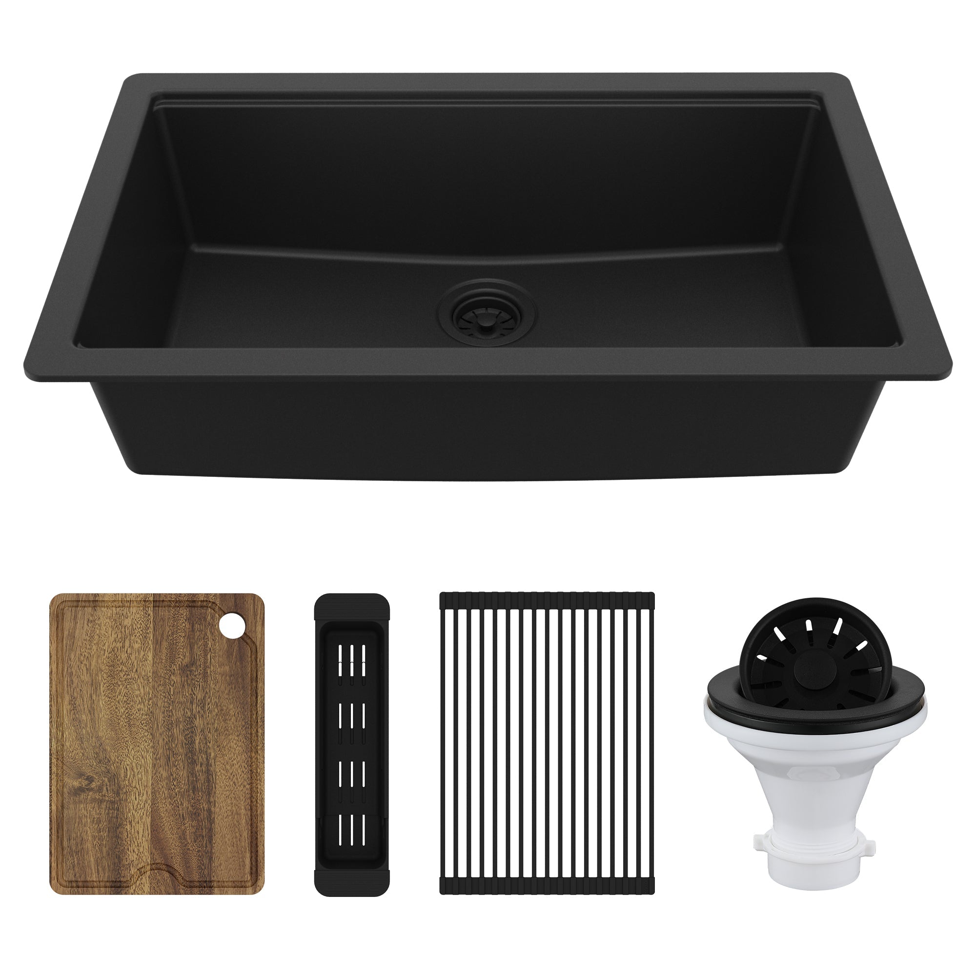 32" Undermount Single Bowl Quartz Kitchen Sink Kit In Black