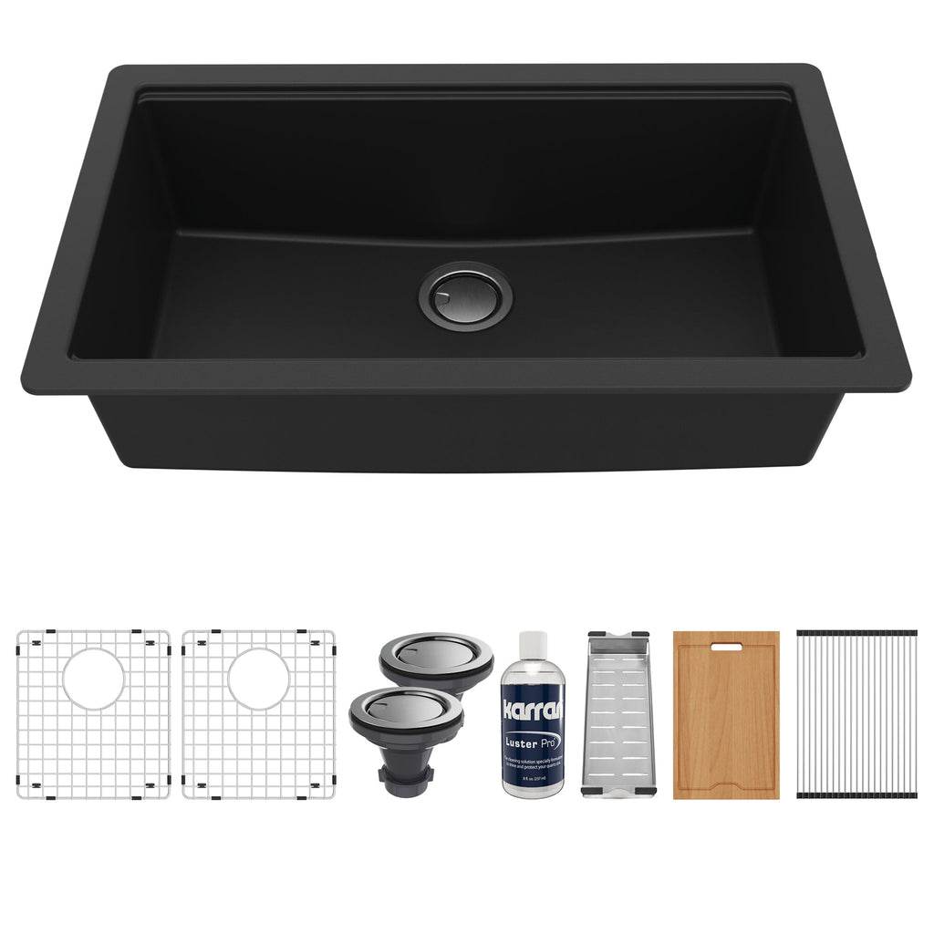 32" Undermount Large Single Bowl Quartz Composite Workstation Kitchen Sink In Black