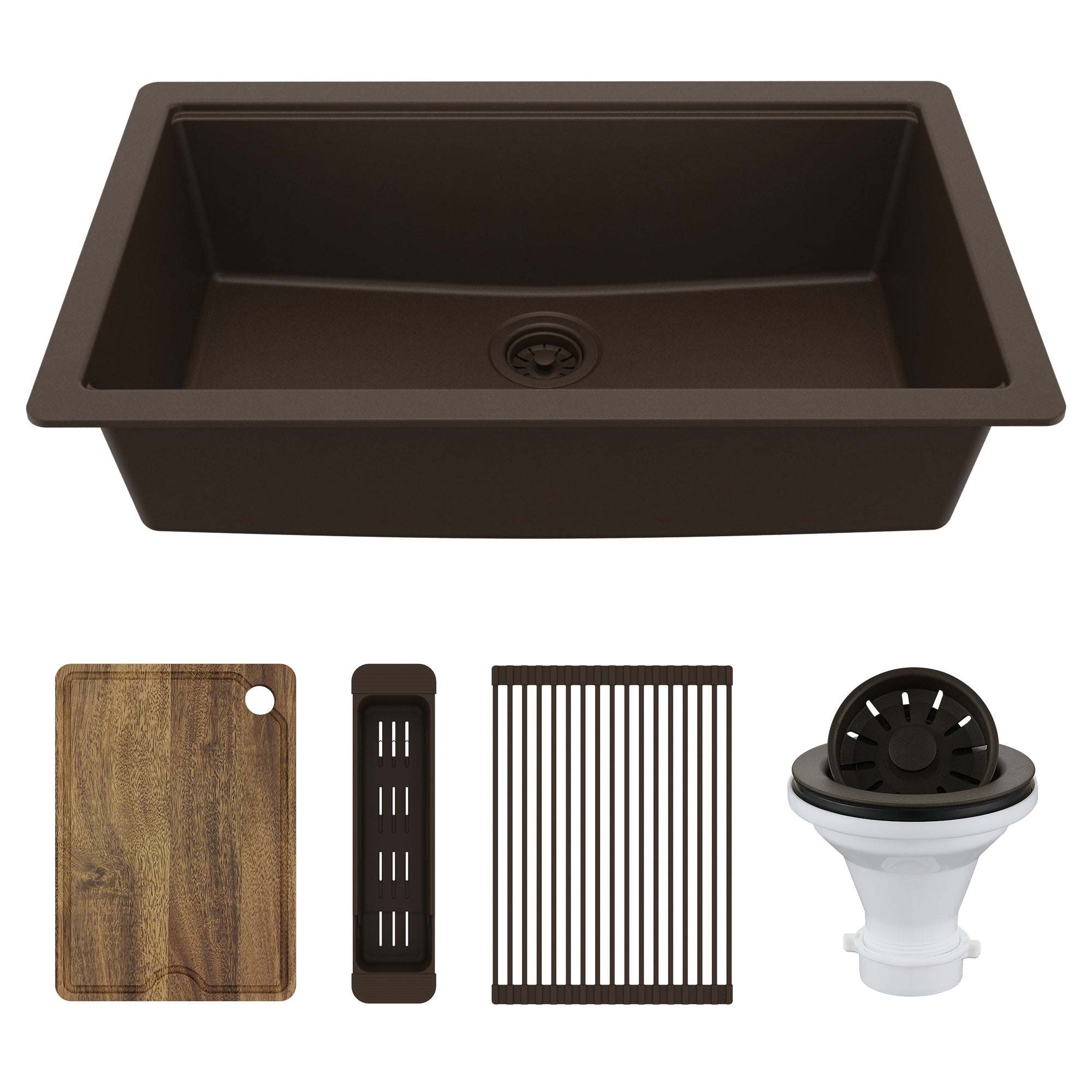 32" Undermount Single Bowl Quartz Kitchen Sink Kit In Brown