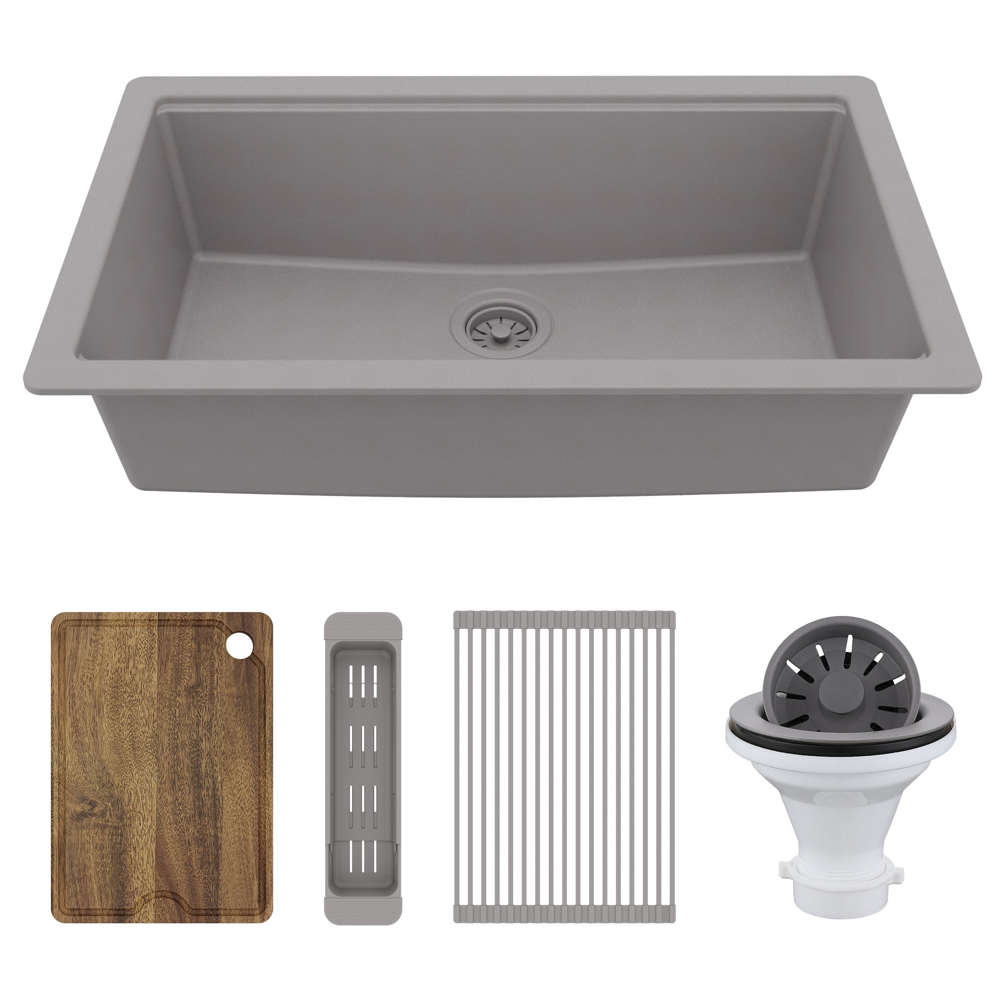 32" Undermount Single Bowl Quartz Kitchen Sink Kit In Grey