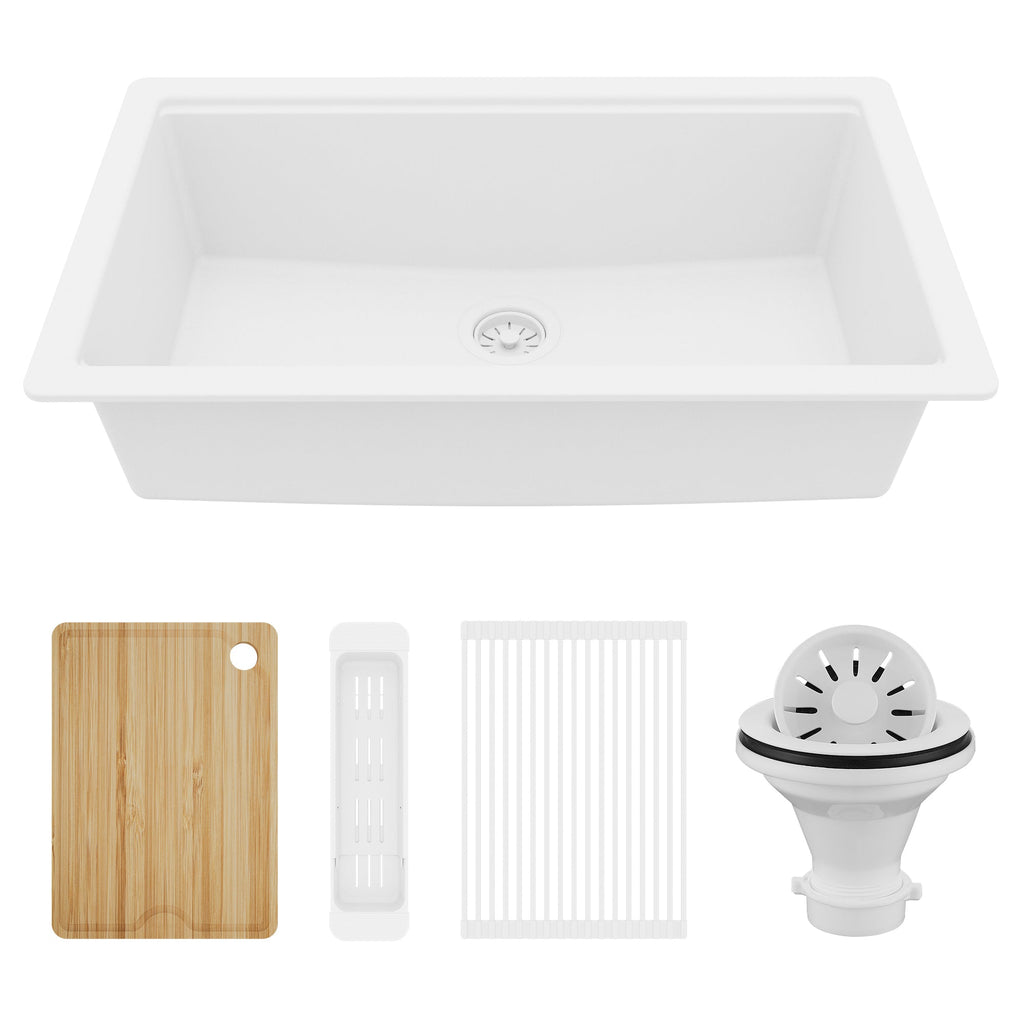 32" Undermount Single Bowl Quartz Kitchen Sink Kit In White