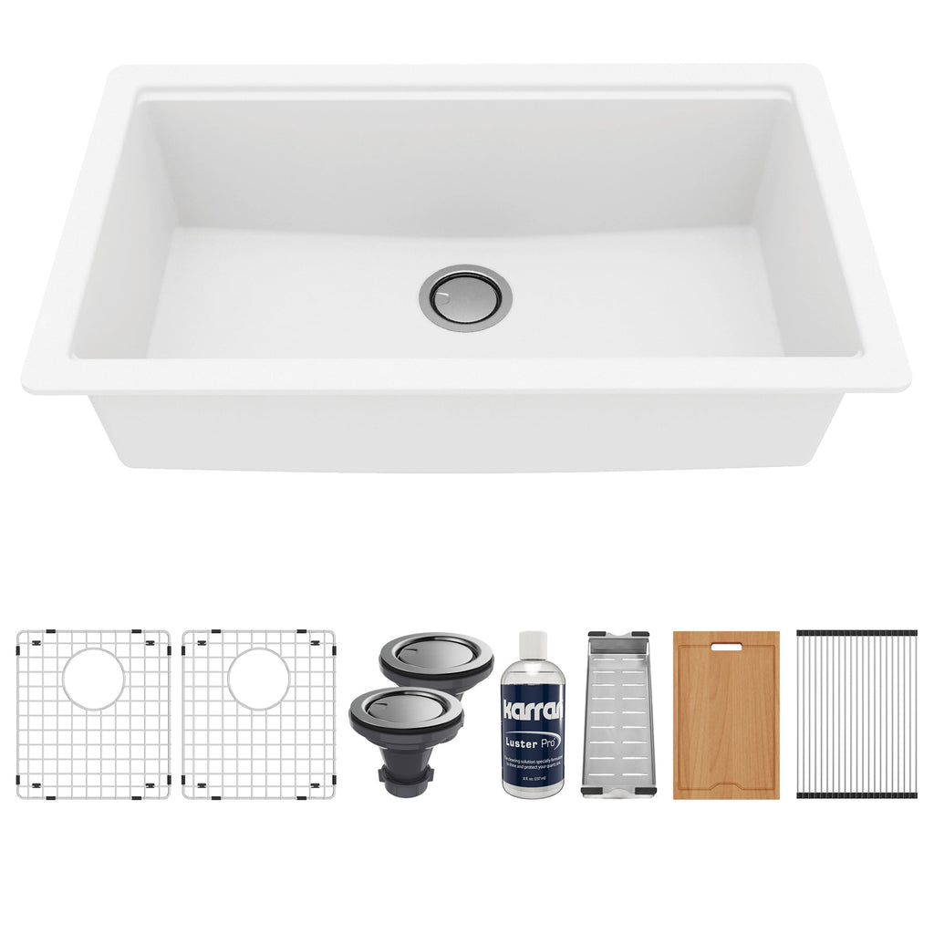 32" Undermount Large Single Bowl Quartz Composite Workstation Kitchen Sink In White