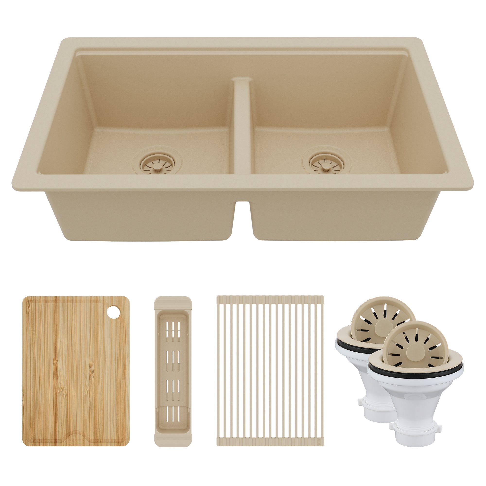 32" Undermount Double Bowl Quartz Kitchen Sink Kit In Bisque