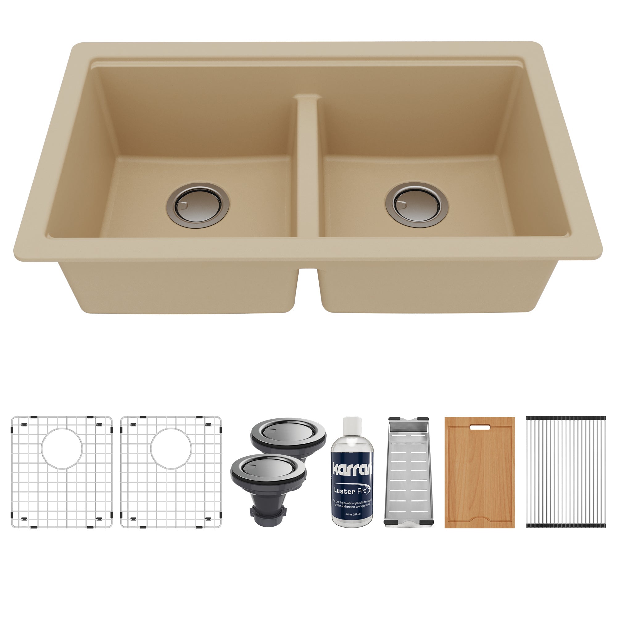 32-1/2" Undermount Double Equal Bowl Quartz Composite Workstation Kitchen Sink In Bisque
