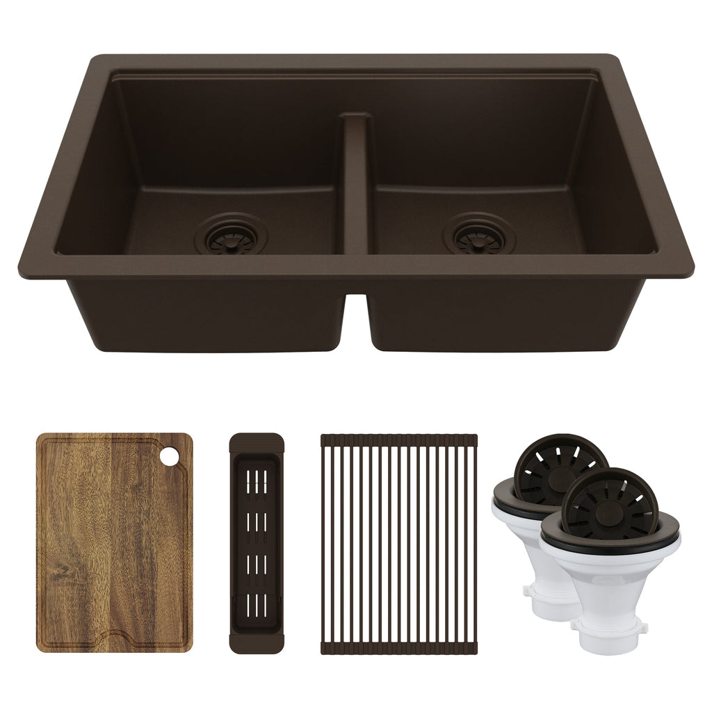 32" Undermount Double Bowl Quartz Kitchen Sink Kit In Brown