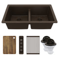 32" Undermount Double Bowl Quartz Kitchen Sink Kit In Brown