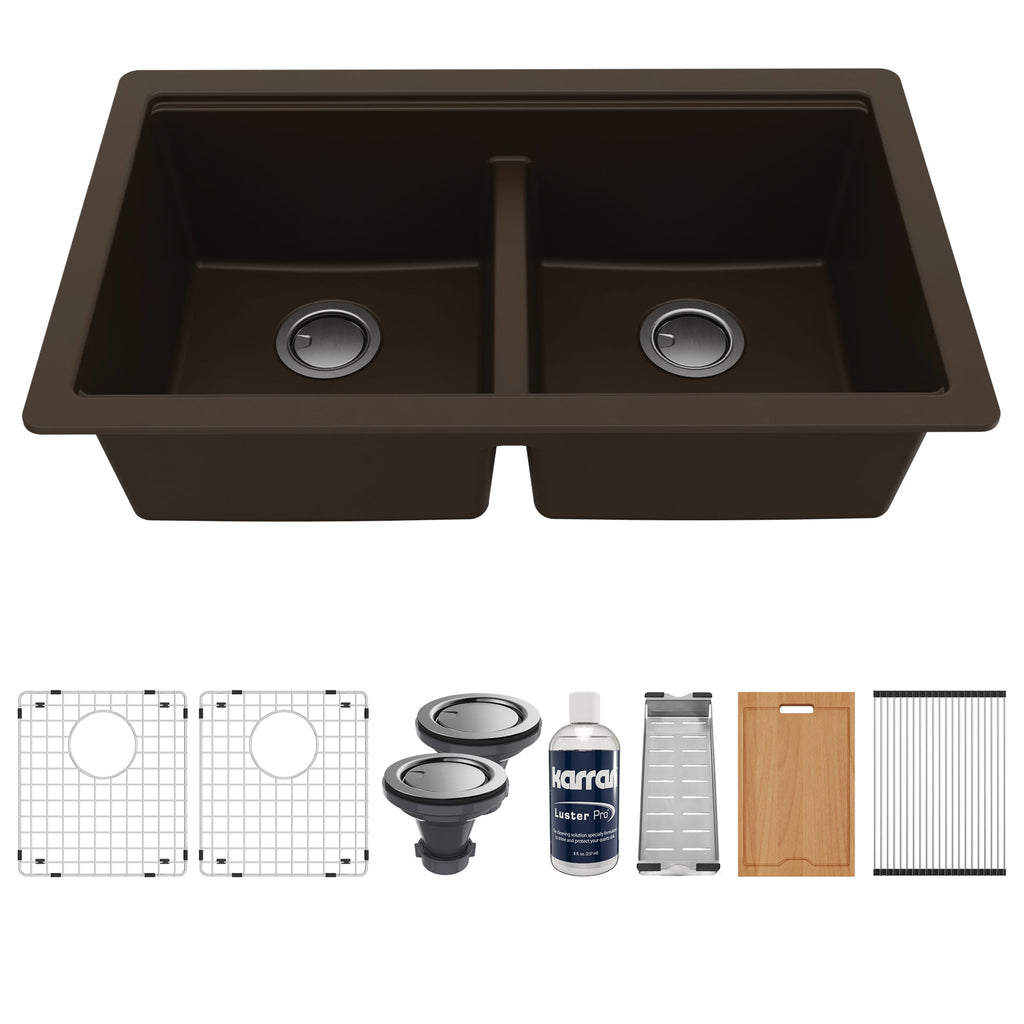 32-1/2" Undermount Double Equal Bowl Quartz Composite Workstation Kitchen Sink In Brown