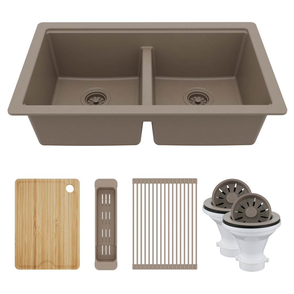 32" Undermount Double Bowl Quartz Kitchen Sink Kit In Concrete
