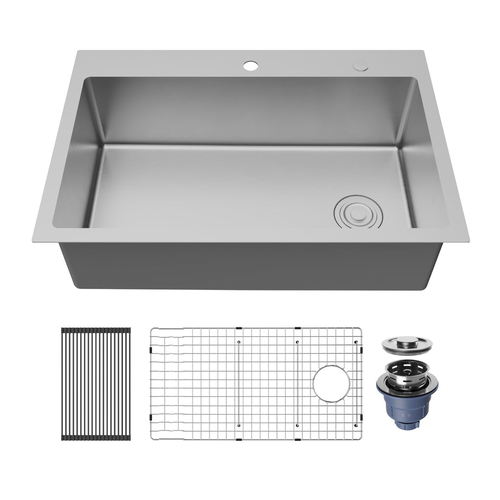 Fusion 33" Top Mount 16 Gauge Single Bowl Stainless Steel Sink with Accessories