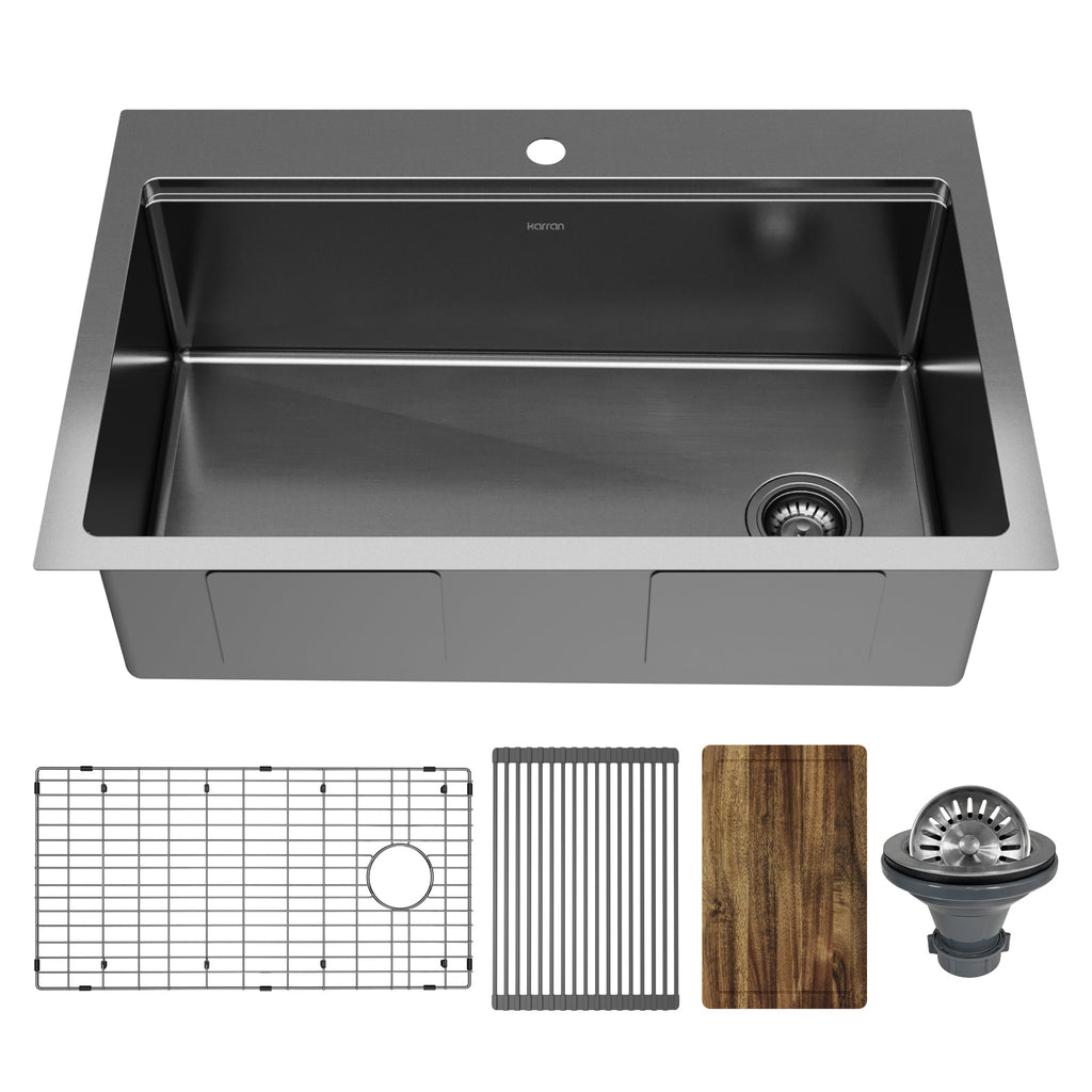 Elite 33" Top Mount Workstation 16 Gauge Stainless Steel Single Bowl Kitchen Sink In Gunmetal Black