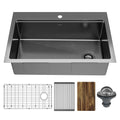 Elite 33" Top Mount Workstation 16 Gauge Stainless Steel Single Bowl Kitchen Sink In Gunmetal Black
