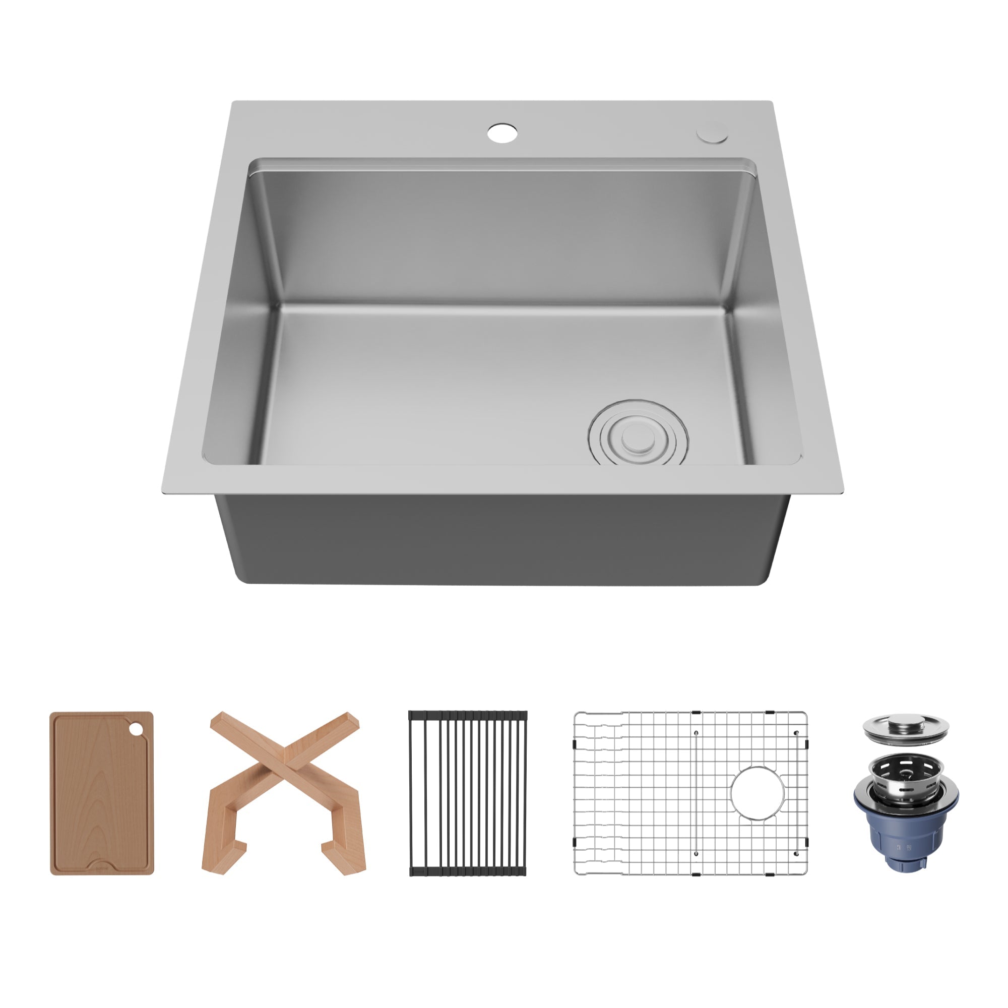 Fusion 25" Top Mount Workstation 16 Gauge Single Bowl Stainless Steel Sink with Accessories