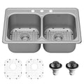 Profile 33" Top Mount 18 Gauge Double Bowl Stainless Steel Kitchen Sink with Accessories