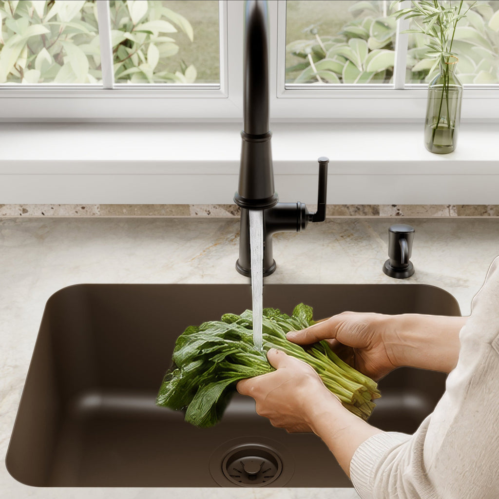 24-1/8" Seamless Undermount Single Bowl Quartz Composite Kitchen Sink In Brown