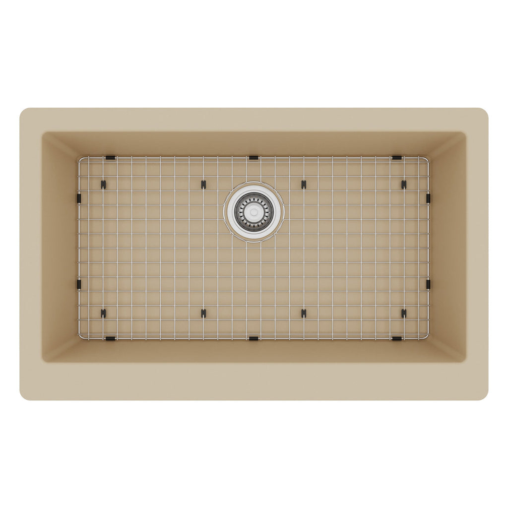 Farmhouse/Apron-Front Quartz Composite 34" Single Bowl Kitchen Sink Kit In Bisque