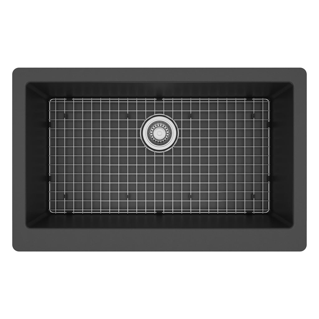 34" Farmhouse Large Single Bowl Quartz Composite Kitchen Sink Kit In Black