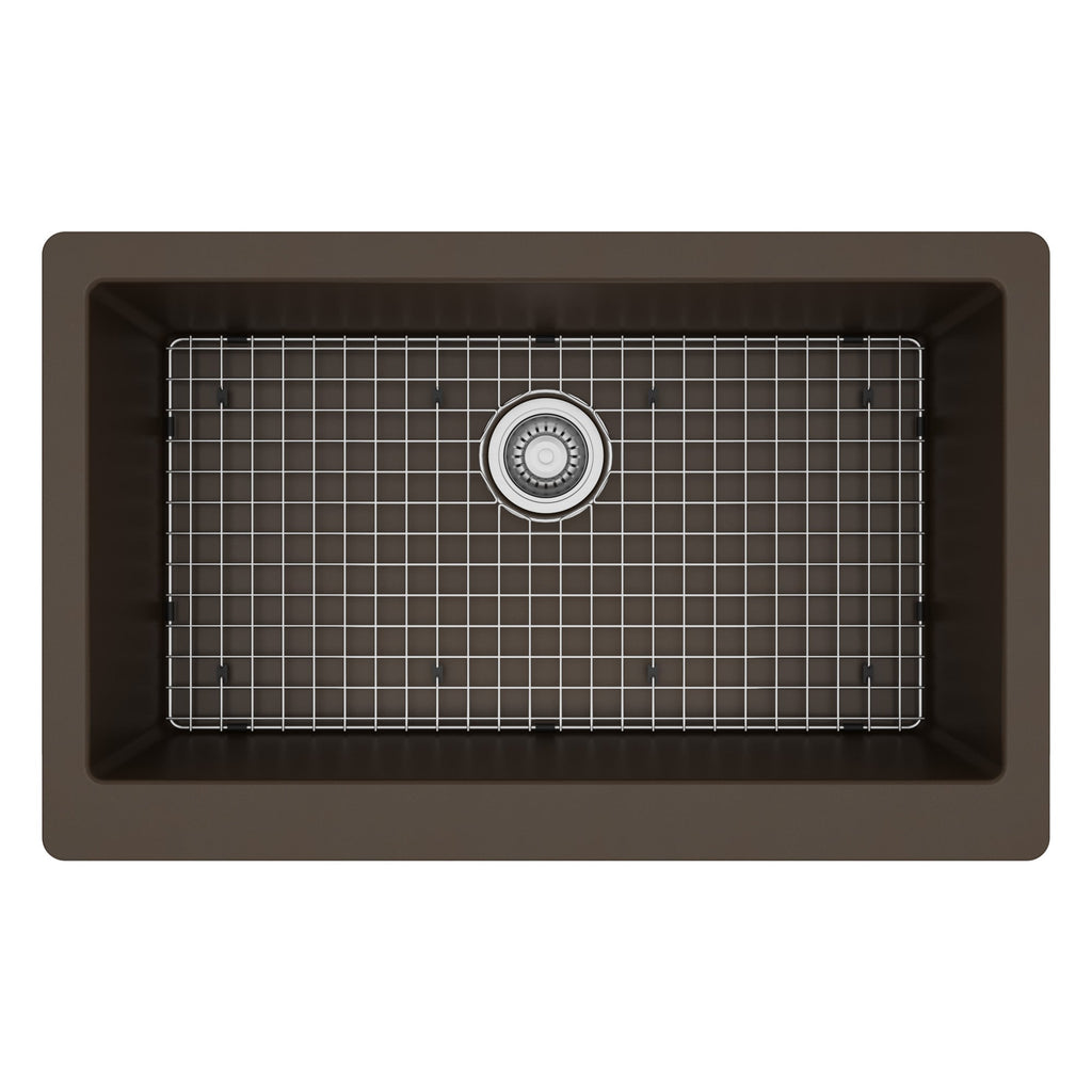 34" Farmhouse Large Single Bowl Quartz Composite Kitchen Sink Kit In Brown