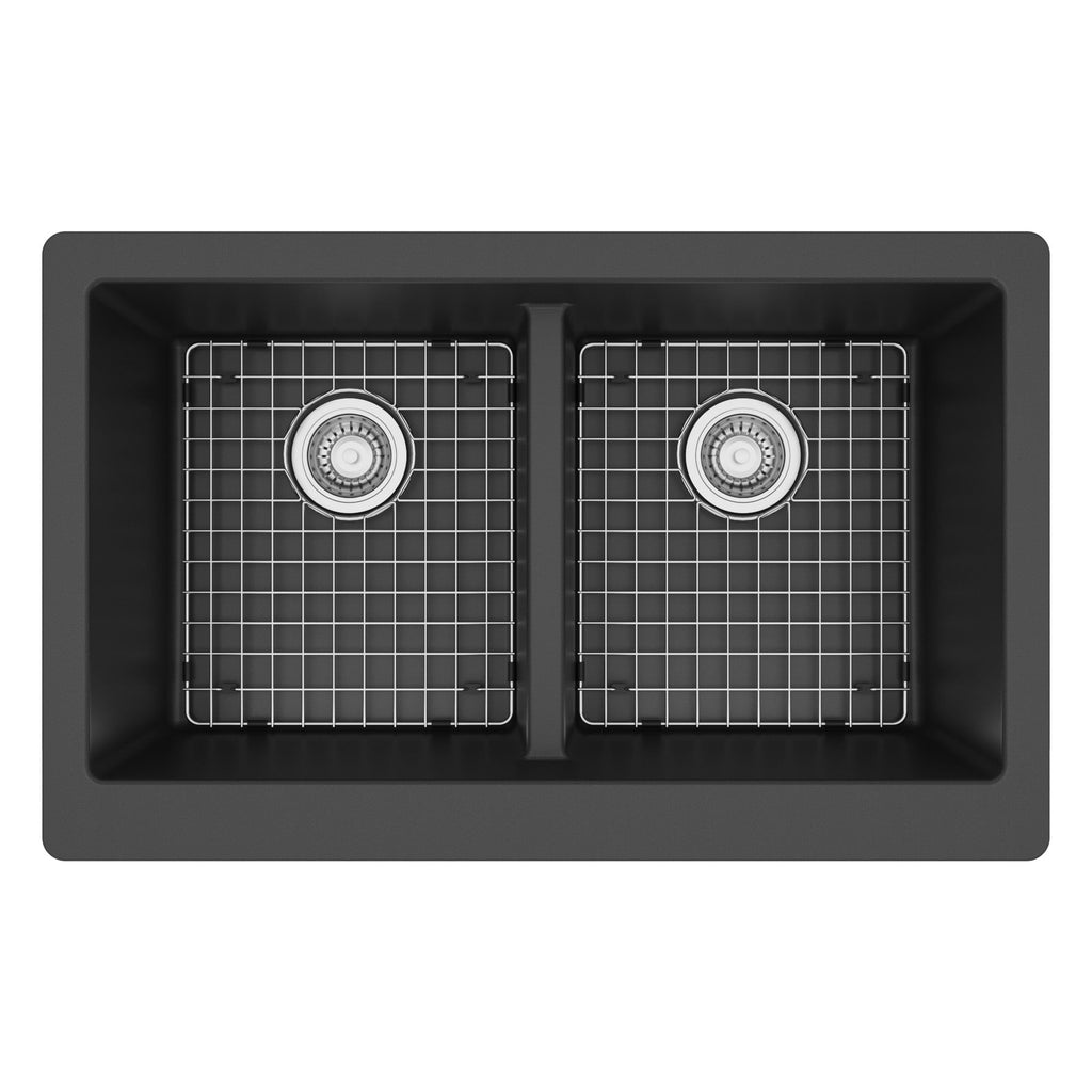 34" Farmhouse Double Equal Bowl Quartz Composite Kitchen Sink Kit In Black