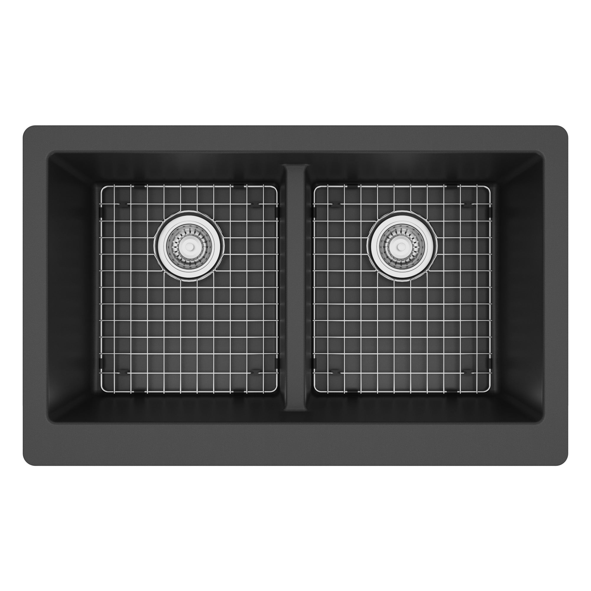 34" Farmhouse Double Equal Bowl Quartz Composite Kitchen Sink Kit In Black