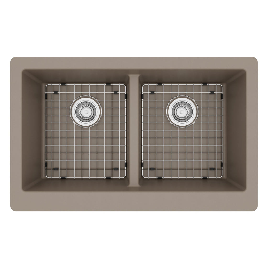 34" Farmhouse Double Equal Bowl Quartz Composite Kitchen Sink Kit In Concrete