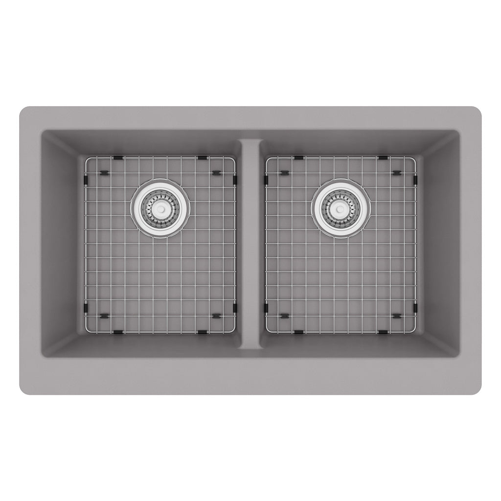 34" Farmhouse Double Equal Bowl Quartz Composite Kitchen Sink Kit In Grey