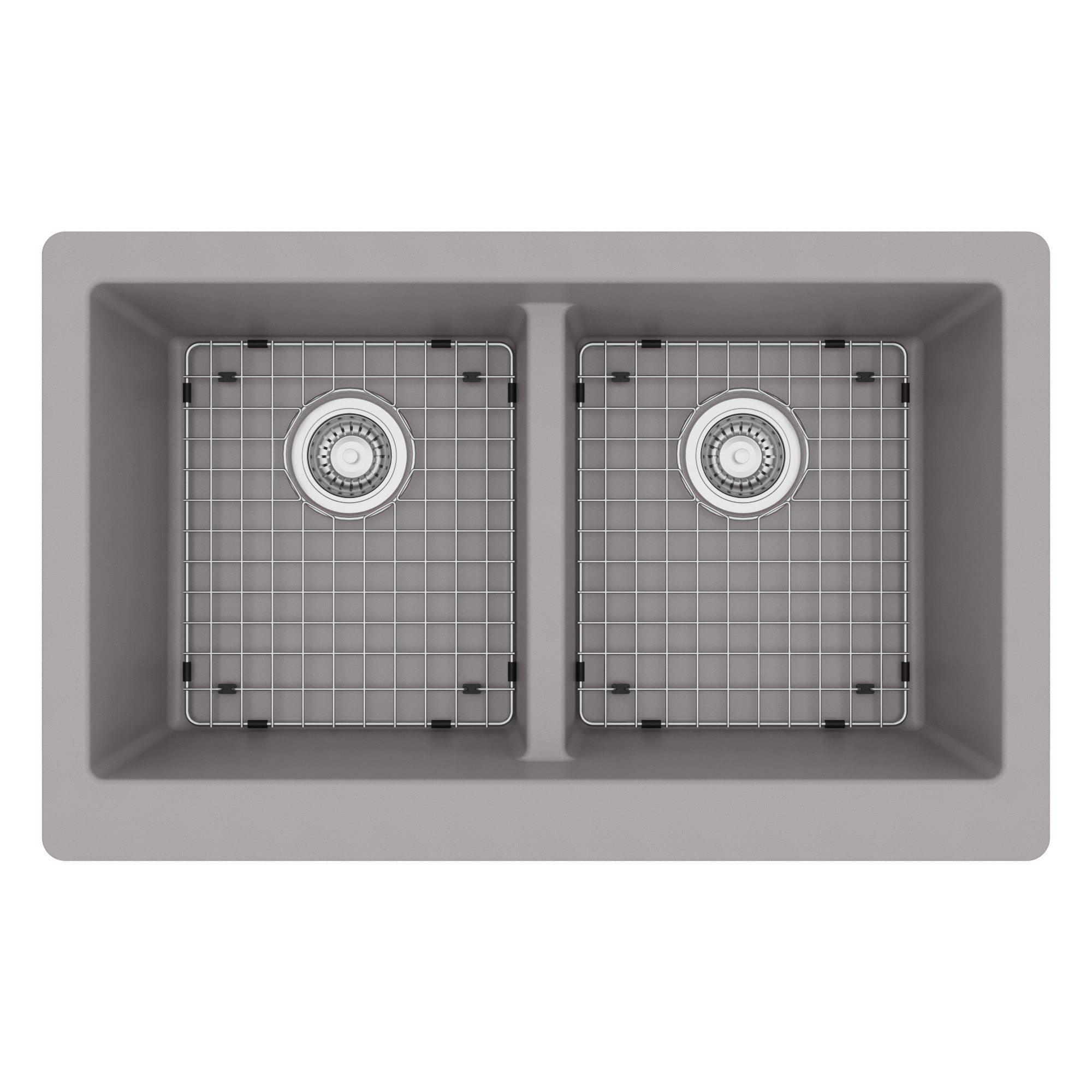 34" Farmhouse Double Equal Bowl Quartz Composite Kitchen Sink Kit In Grey