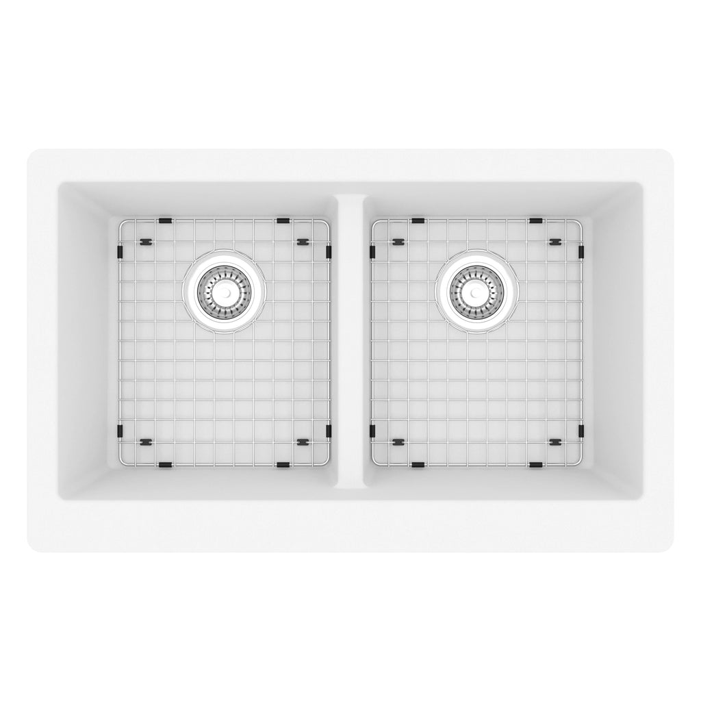 34" Farmhouse Double Equal Bowl Quartz Composite Kitchen Sink Kit In White