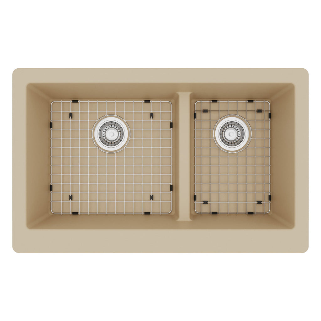 34" Farmhouse Double Offset Bowl Quartz Composite Kitchen Sink Kit In Bisque
