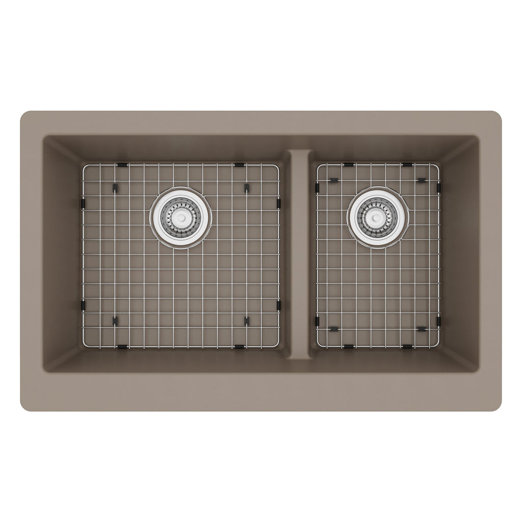 34" Farmhouse Double Offset Bowl Quartz Composite Kitchen Sink Kit In Concrete