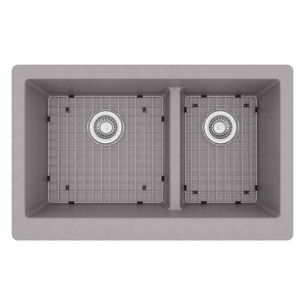34" Farmhouse Double Offset Bowl Quartz Composite Kitchen Sink Kit In Grey