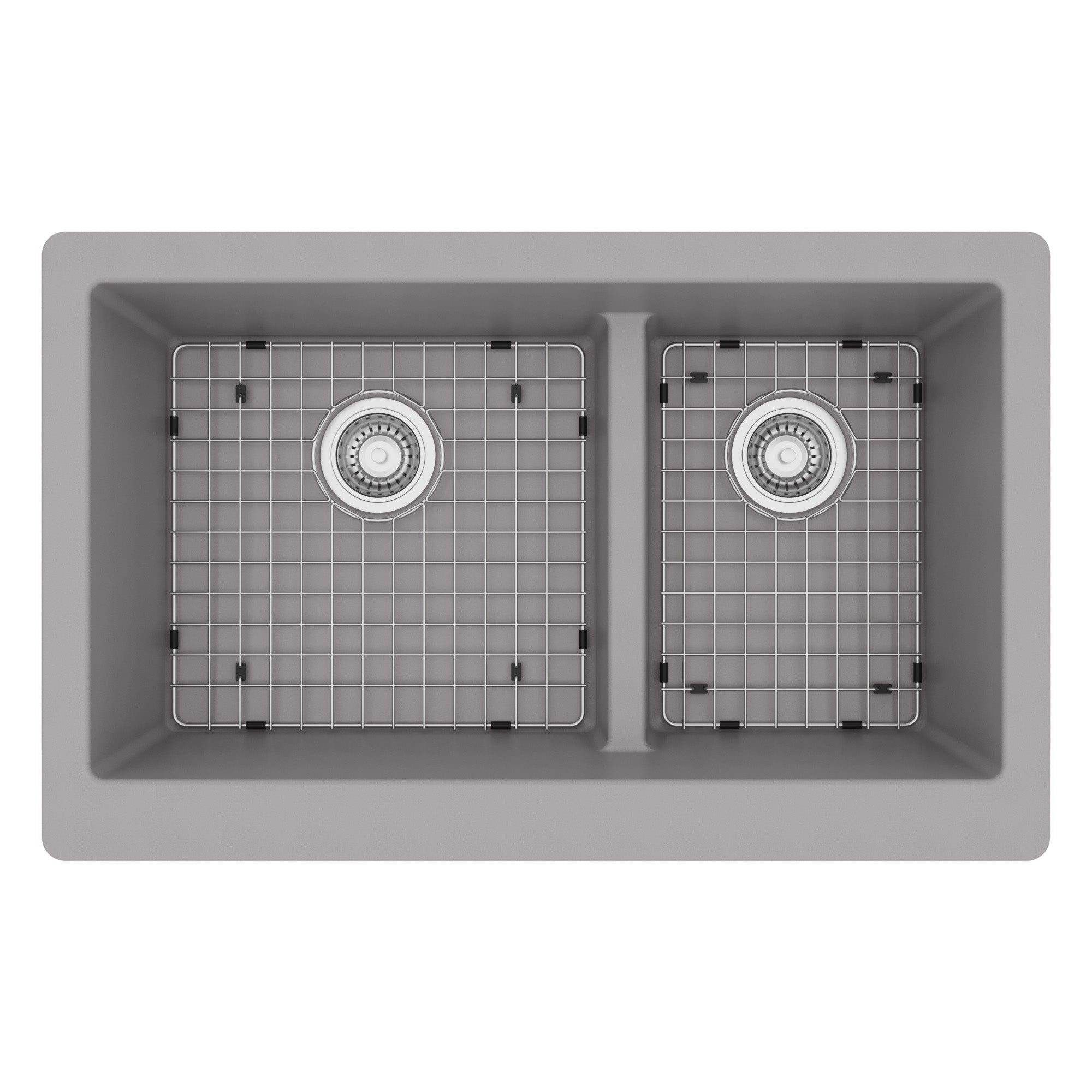34" Farmhouse Double Offset Bowl Quartz Composite Kitchen Sink Kit In Grey