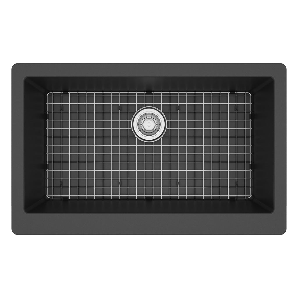 34" Retrofit Farmhouse Large Single Bowl Quartz Composite Kitchen Sink Kit In Black