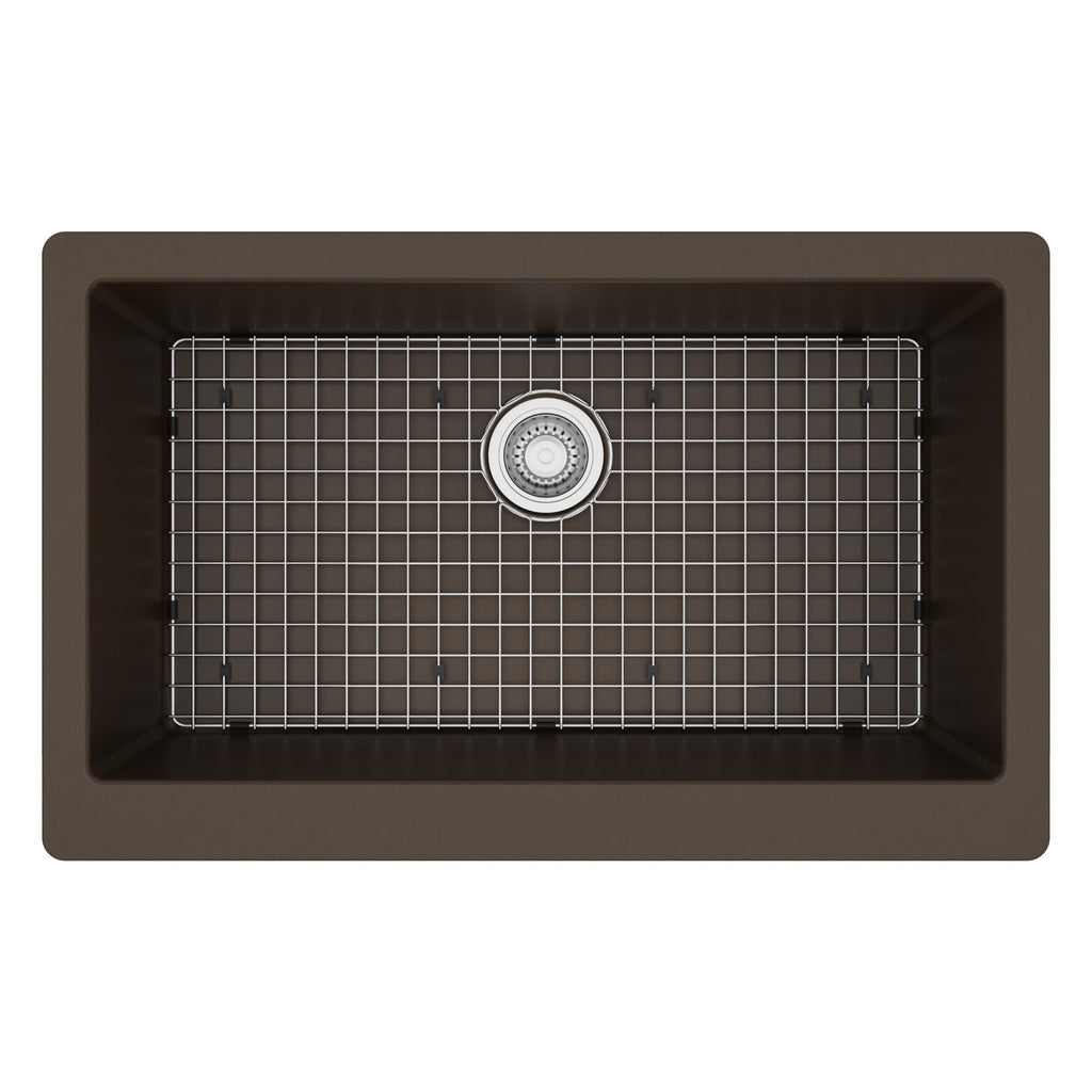 34" Retrofit Farmhouse Large Single Bowl Quartz Composite Kitchen Sink Kit In Brown