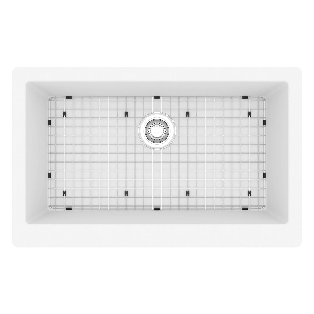 34" Retrofit Farmhouse Large Single Bowl Quartz Composite Kitchen Sink Kit In White