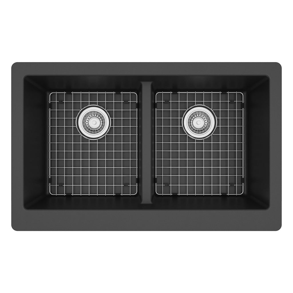 34" Retrofit Farmhouse Double Equal Bowl Quartz Composite Kitchen Sink Kit In Black