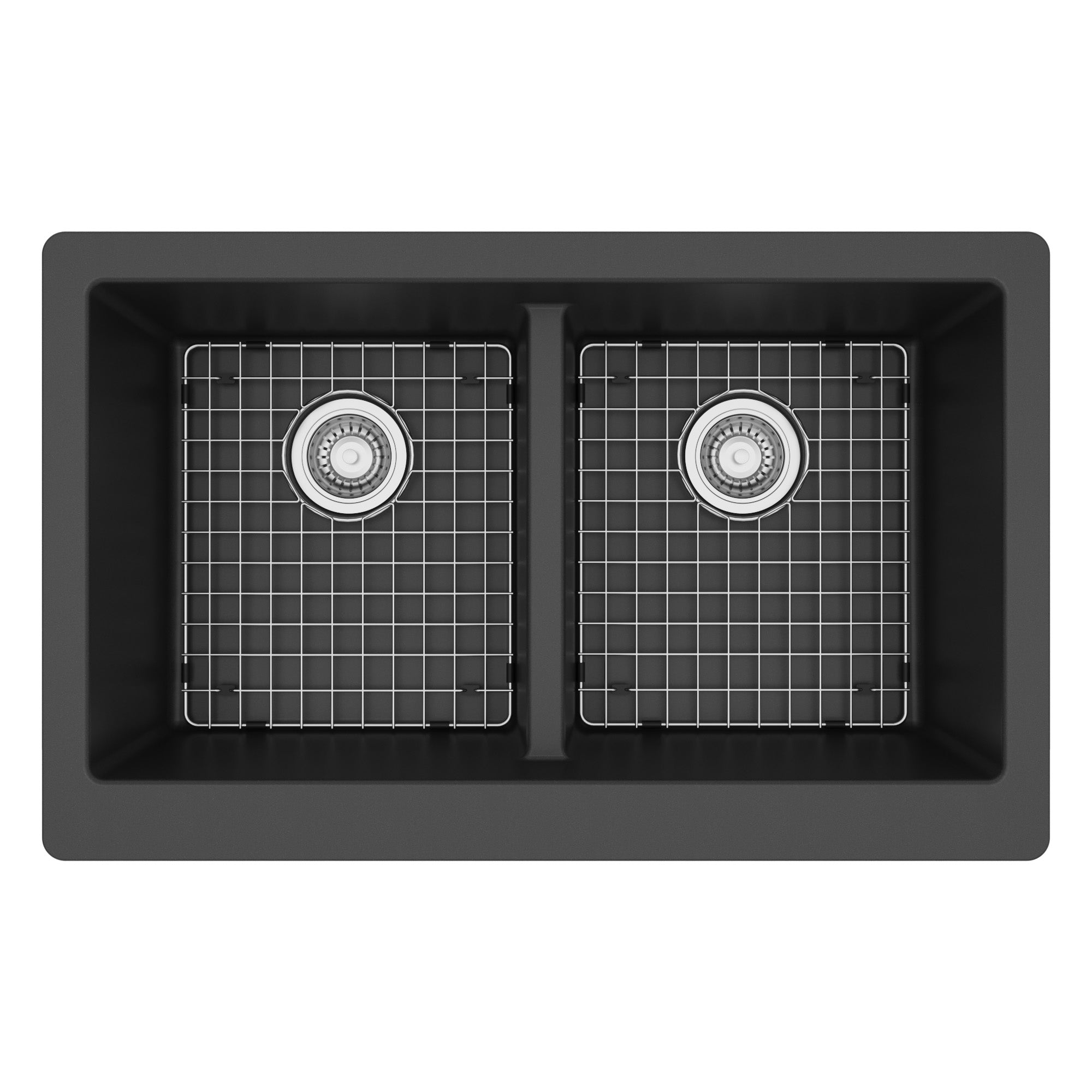 34" Retrofit Farmhouse Double Equal Bowl Quartz Composite Kitchen Sink Kit In Black