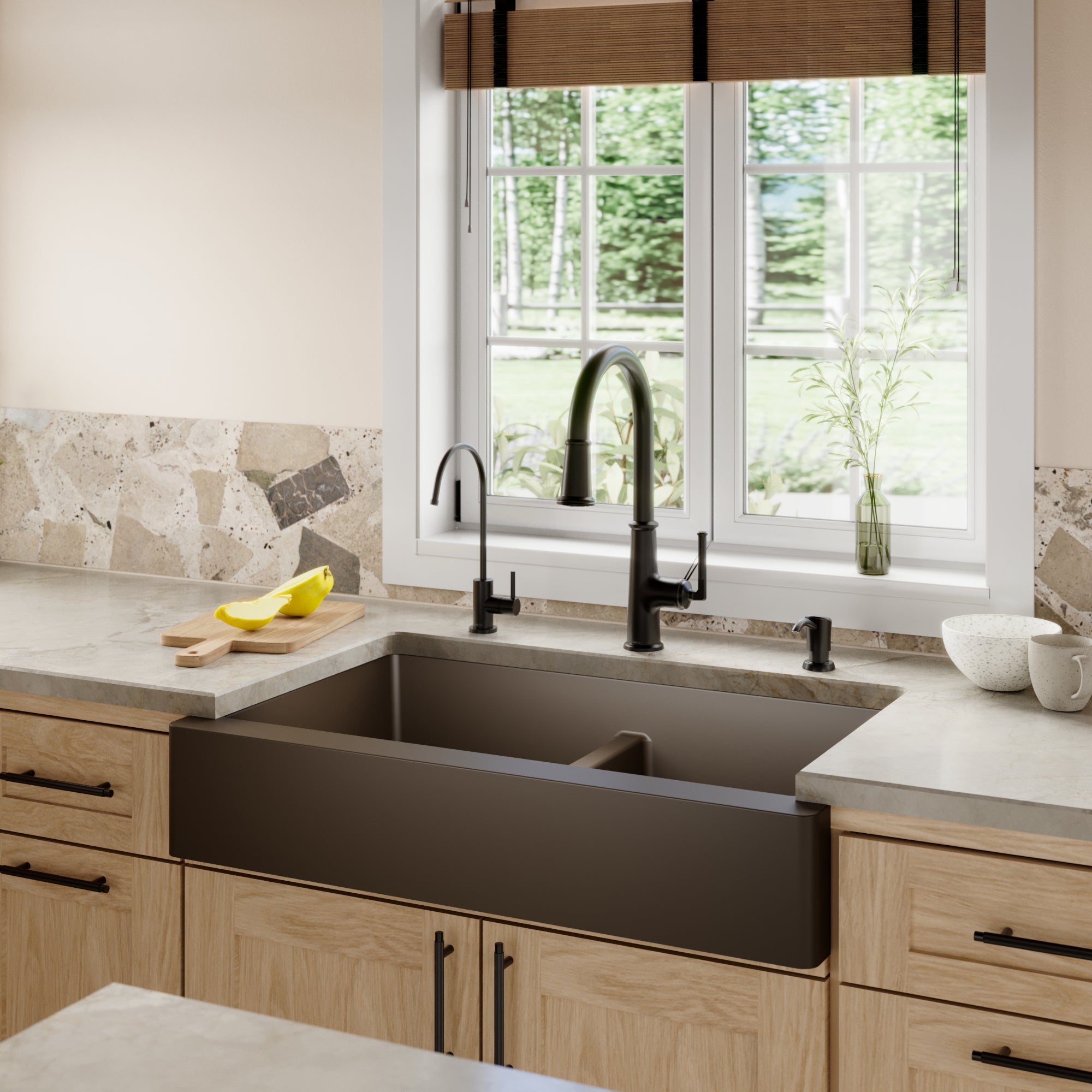 34" Retrofit Farmhouse Double Equal Bowl Quartz Composite Kitchen Sink In Brown