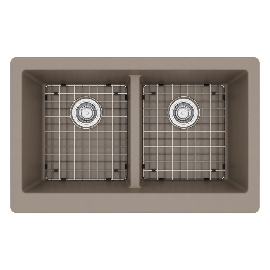 34" Retrofit Farmhouse Double Equal Bowl Quartz Composite Kitchen Sink Kit In Concrete