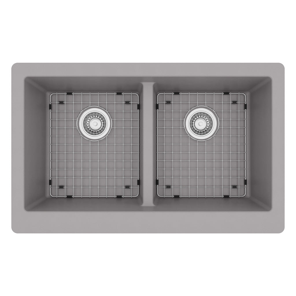34" Retrofit Farmhouse Double Equal Bowl Quartz Composite Kitchen Sink Kit In Grey