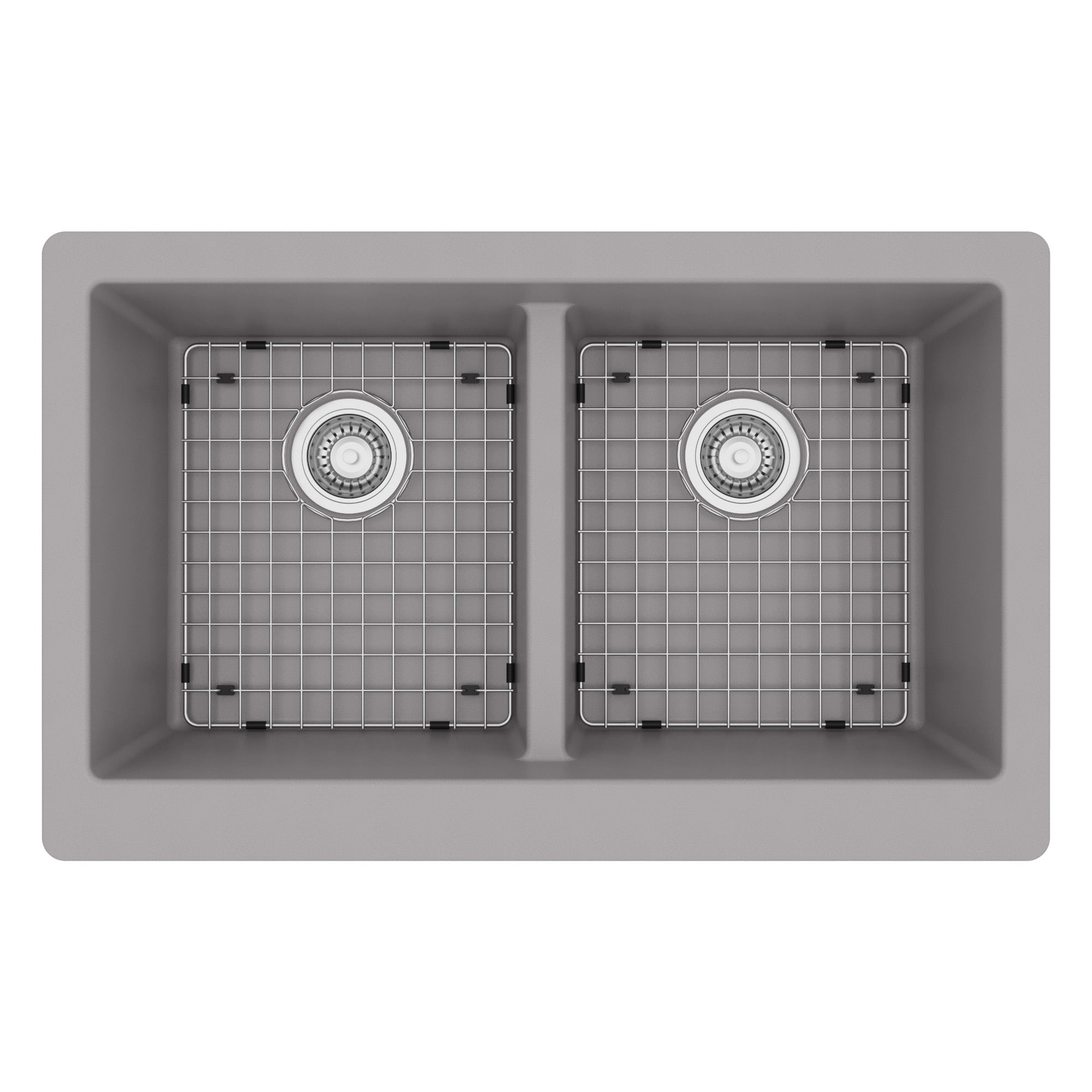 34" Retrofit Farmhouse Double Equal Bowl Quartz Composite Kitchen Sink Kit In Grey