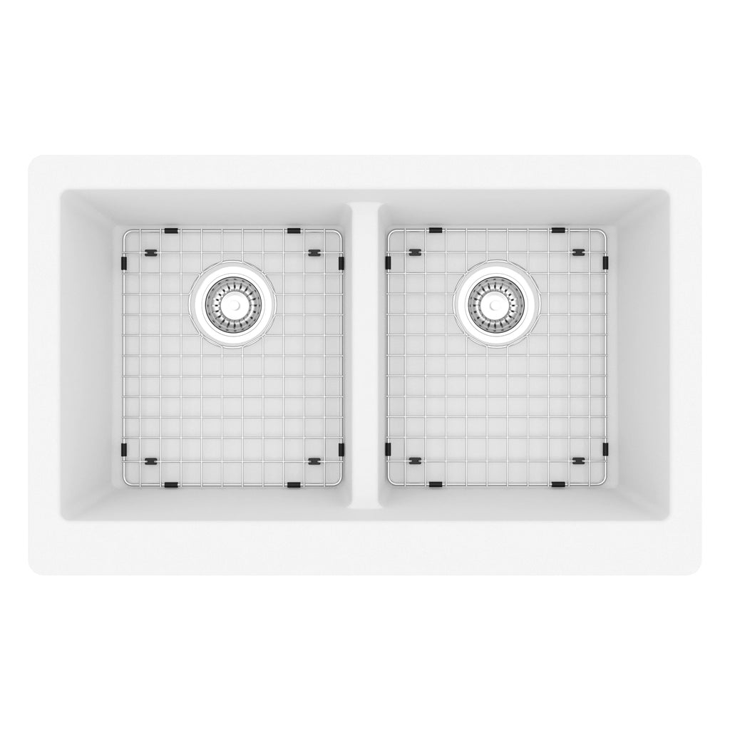 34" Retrofit Farmhouse Double Equal Bowl Quartz Composite Kitchen Sink Kit In White