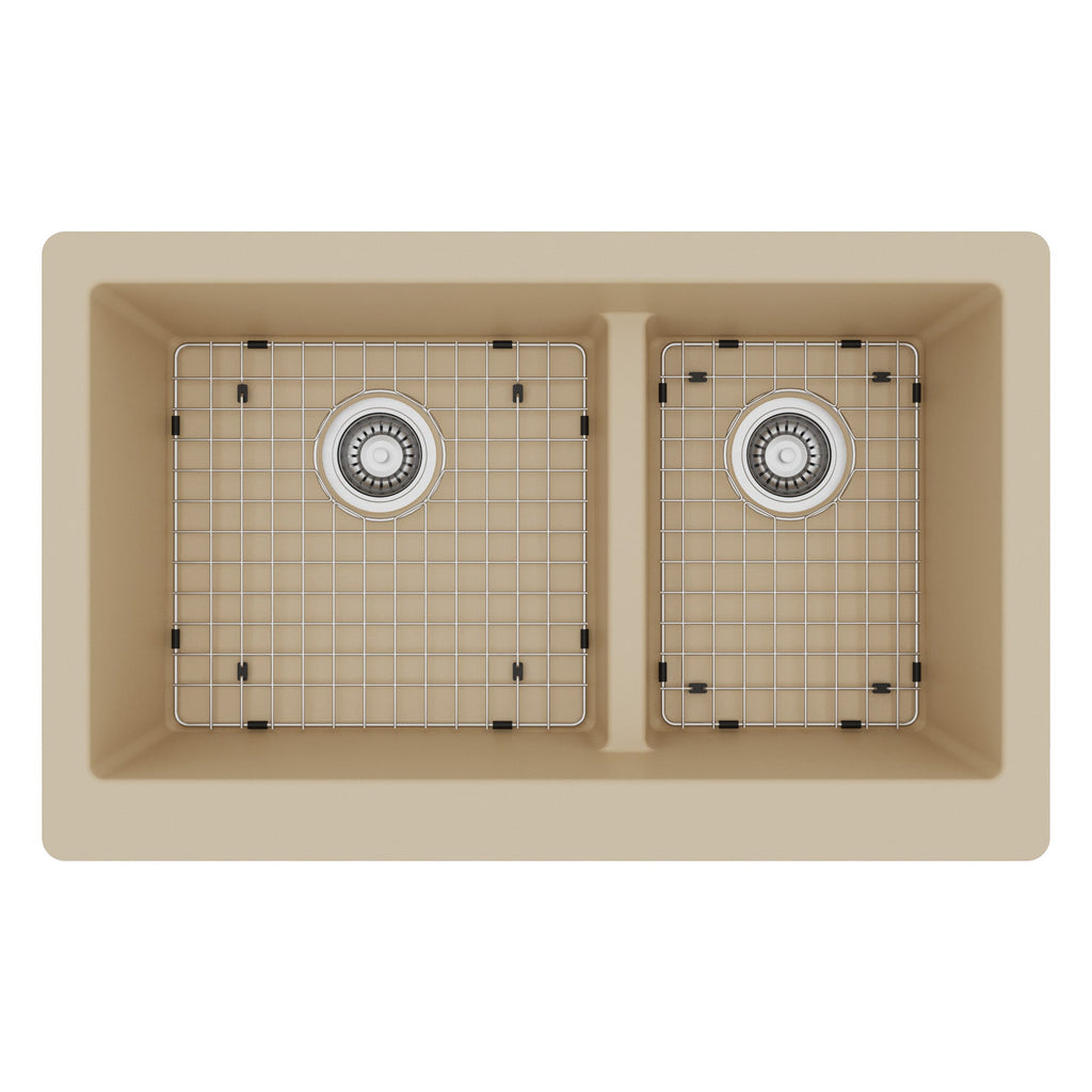 34" Retrofit Farmhouse Double Offset Bowl Quartz Composite Kitchen Sink Kit In Bisque