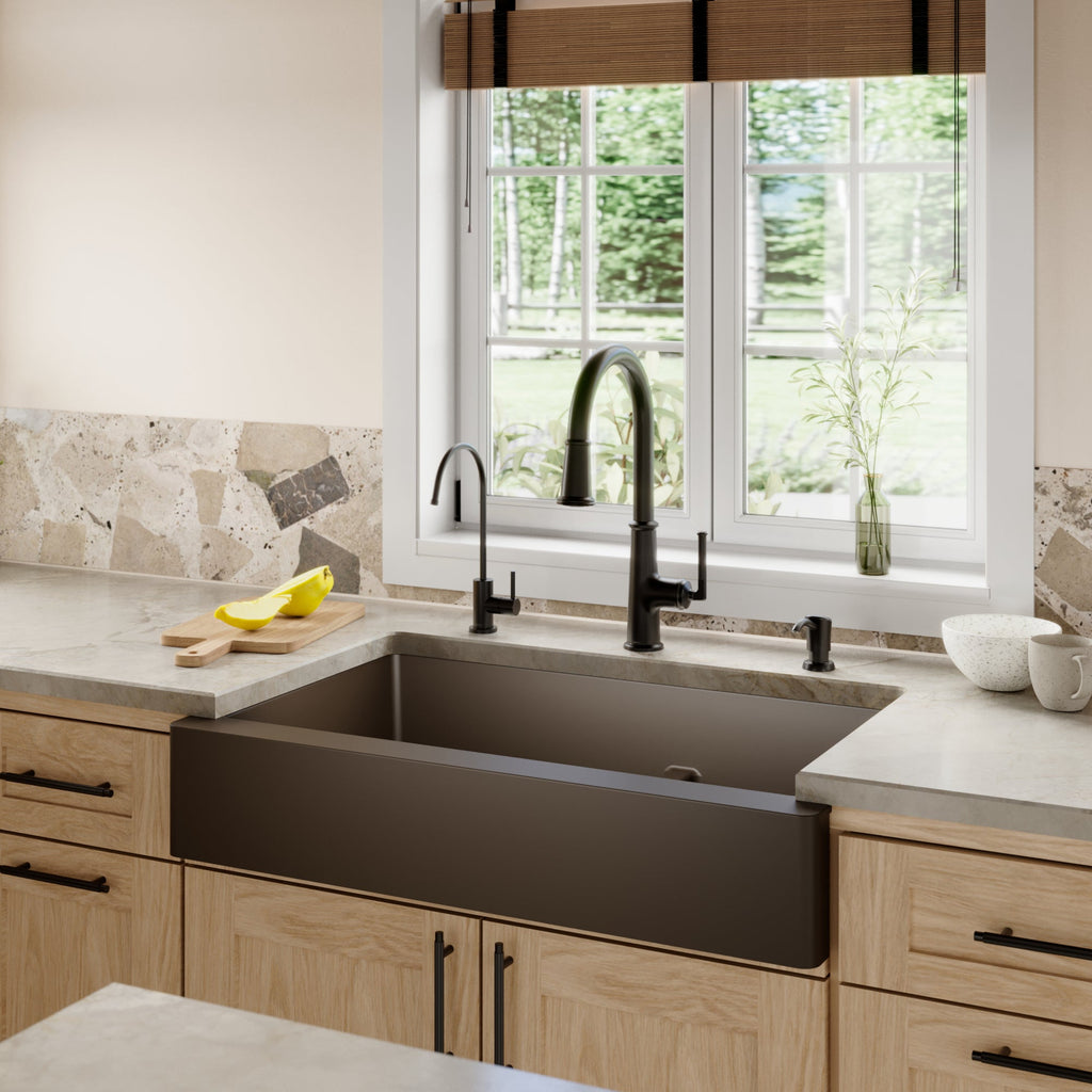 34" Retrofit Farmhouse Double Offset Bowl Quartz Composite Kitchen Sink In Brown
