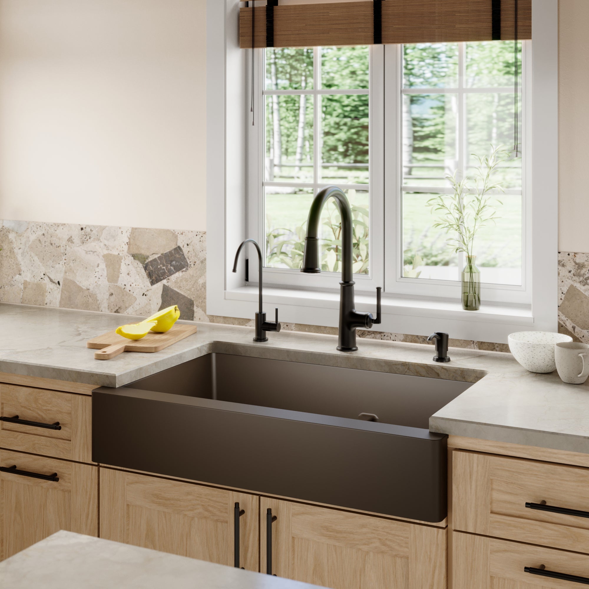 34" Retrofit Farmhouse Double Offset Bowl Quartz Composite Kitchen Sink In Brown
