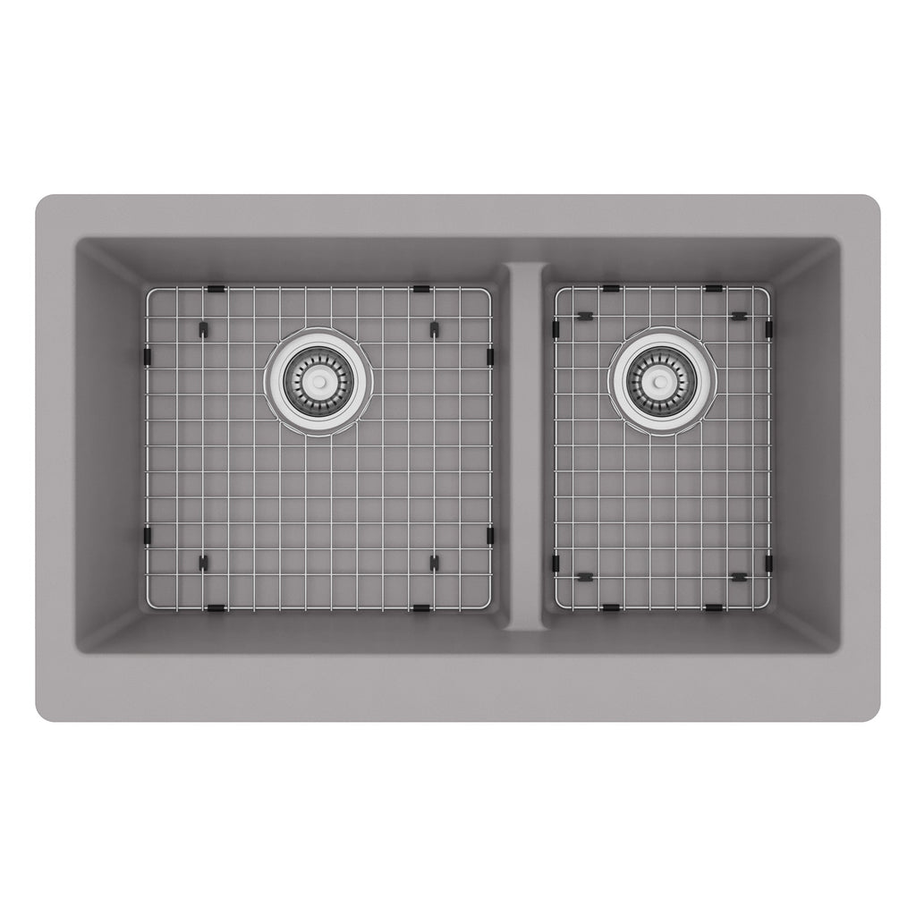 34" Retrofit Farmhouse Double Offset Bowl Quartz Composite Kitchen Sink Kit In Grey