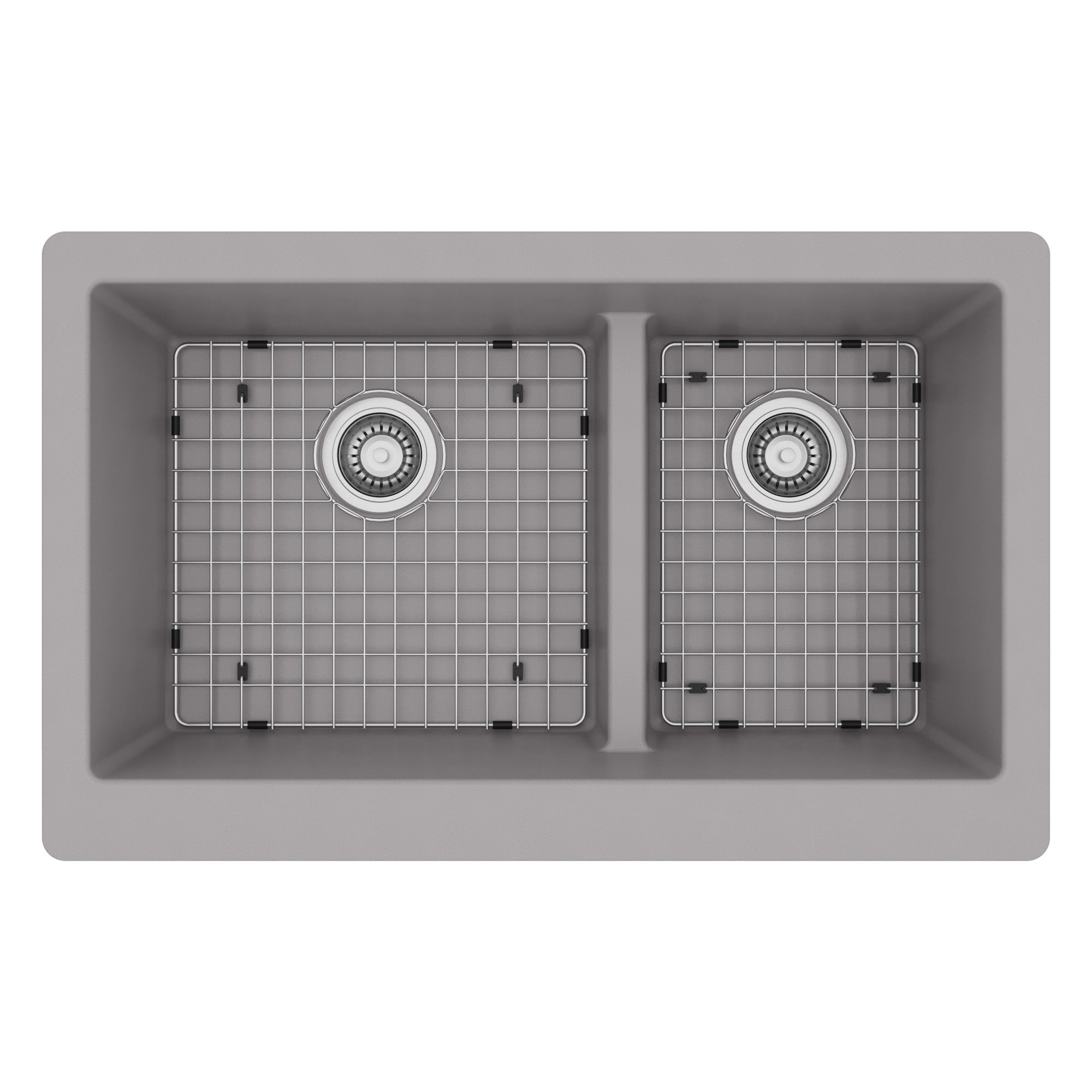 34" Retrofit Farmhouse Double Offset Bowl Quartz Composite Kitchen Sink Kit In Grey